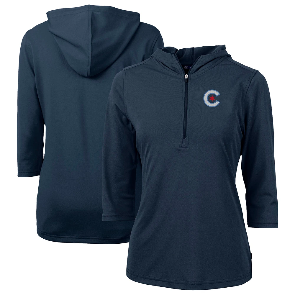 Women's Cutter & Buck Navy Chicago Cubs City Connect Virtue Eco Pique Recycled Half-Zip Pullover Hoodie