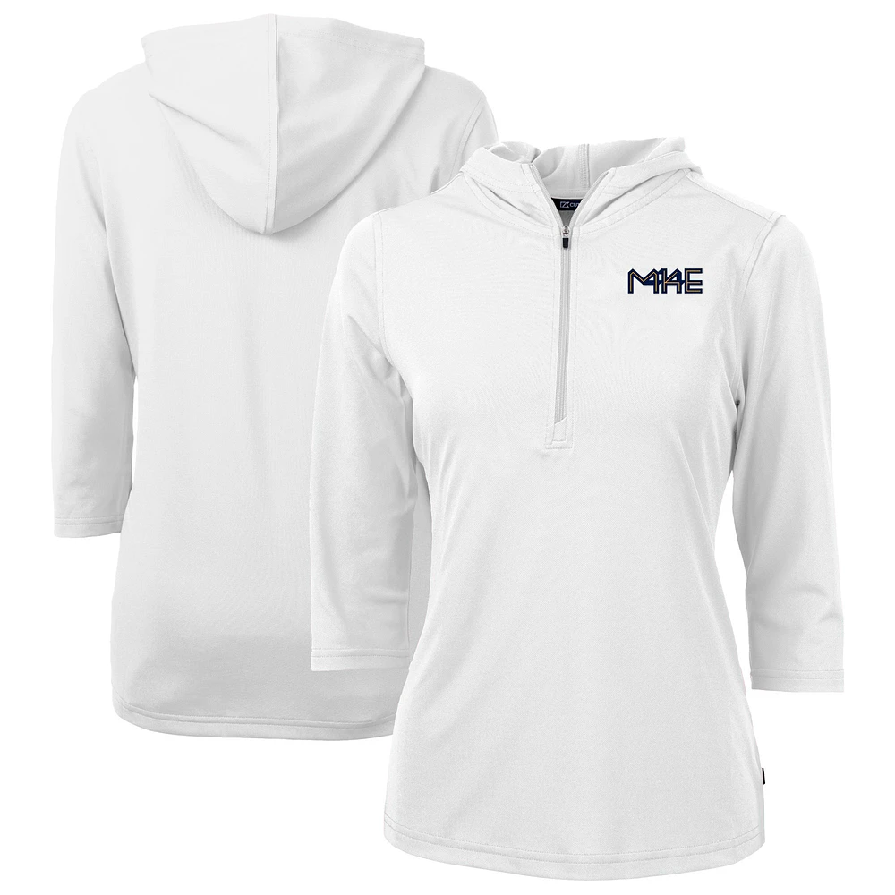 Women's Cutter & Buck White Milwaukee Brewers City Connect Virtue Eco Pique Recycled Half-Zip Pullover Hoodie