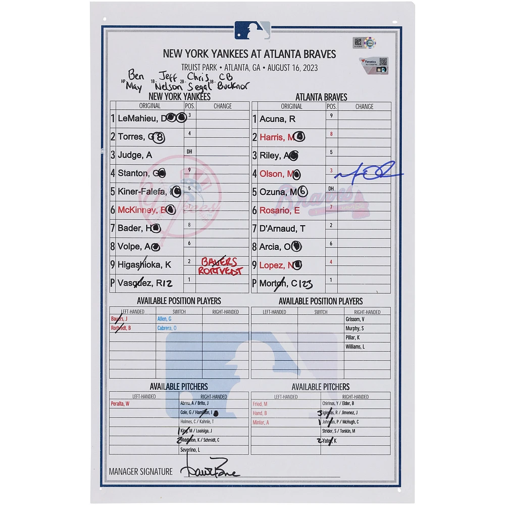Matt Olson Atlanta Braves Autographed Game-Used Lineup Card vs. New York Yankees on August 16, 2023