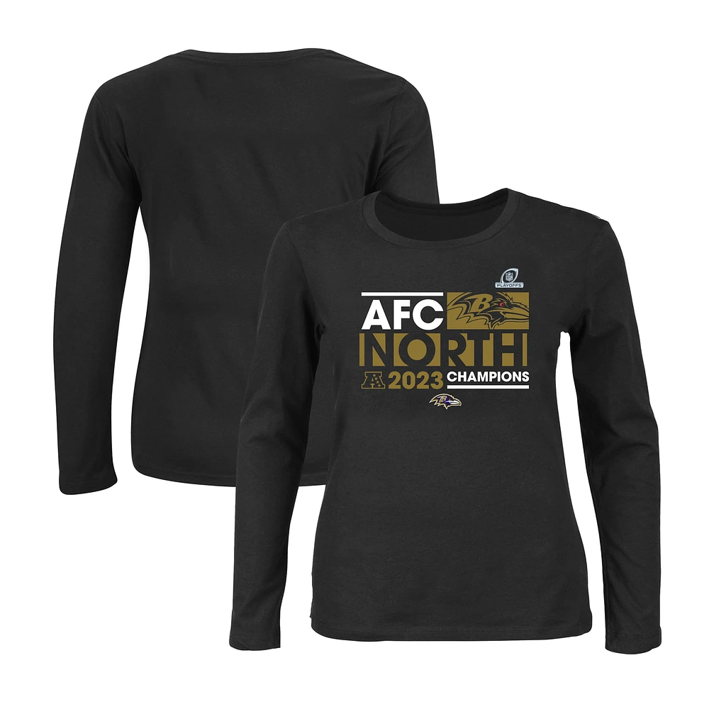 Women's Fanatics Black Baltimore Ravens 2023 AFC North Division Champions Plus Conquer Long Sleeve Scoop Neck T-Shirt