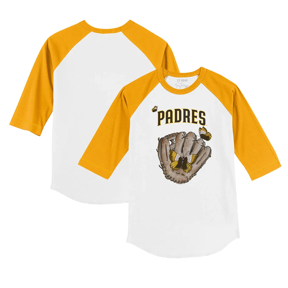 Toddler Tiny Turnip White/Gold San Diego Padres Butterfly Glove 3/4-Sleeve Raglan T-Shirt