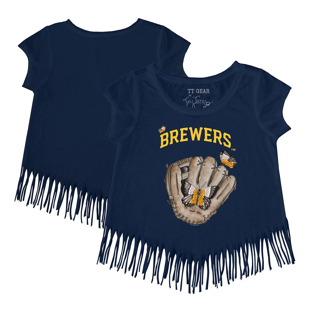 Girls Toddler Tiny Turnip Navy Milwaukee Brewers Butterfly Glove Fringe T-Shirt