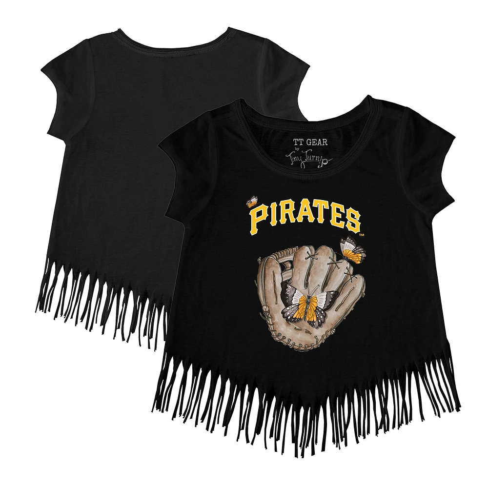 Girls Toddler Tiny Turnip Black Pittsburgh Pirates Butterfly Glove Fringe T-Shirt