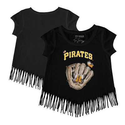 Girls Toddler Tiny Turnip Black Pittsburgh Pirates Butterfly Glove Fringe T-Shirt