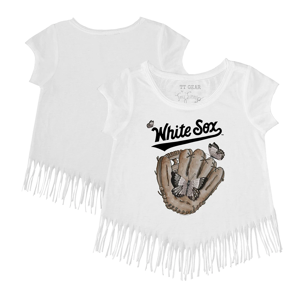 Girls Toddler Tiny Turnip White Chicago Sox Butterfly Glove Fringe T-Shirt