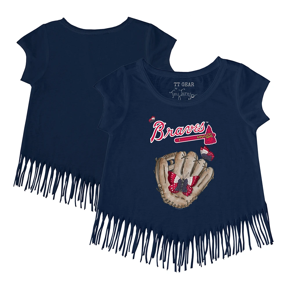 Girls Toddler Tiny Turnip Navy Atlanta Braves Butterfly Glove Fringe T-Shirt