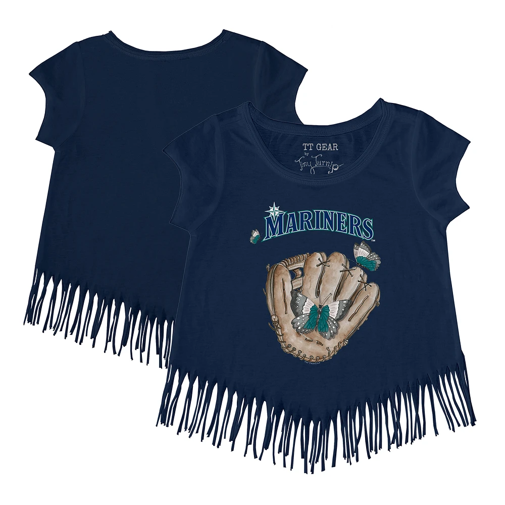 Girls Toddler Tiny Turnip Navy Seattle Mariners Butterfly Glove Fringe T-Shirt