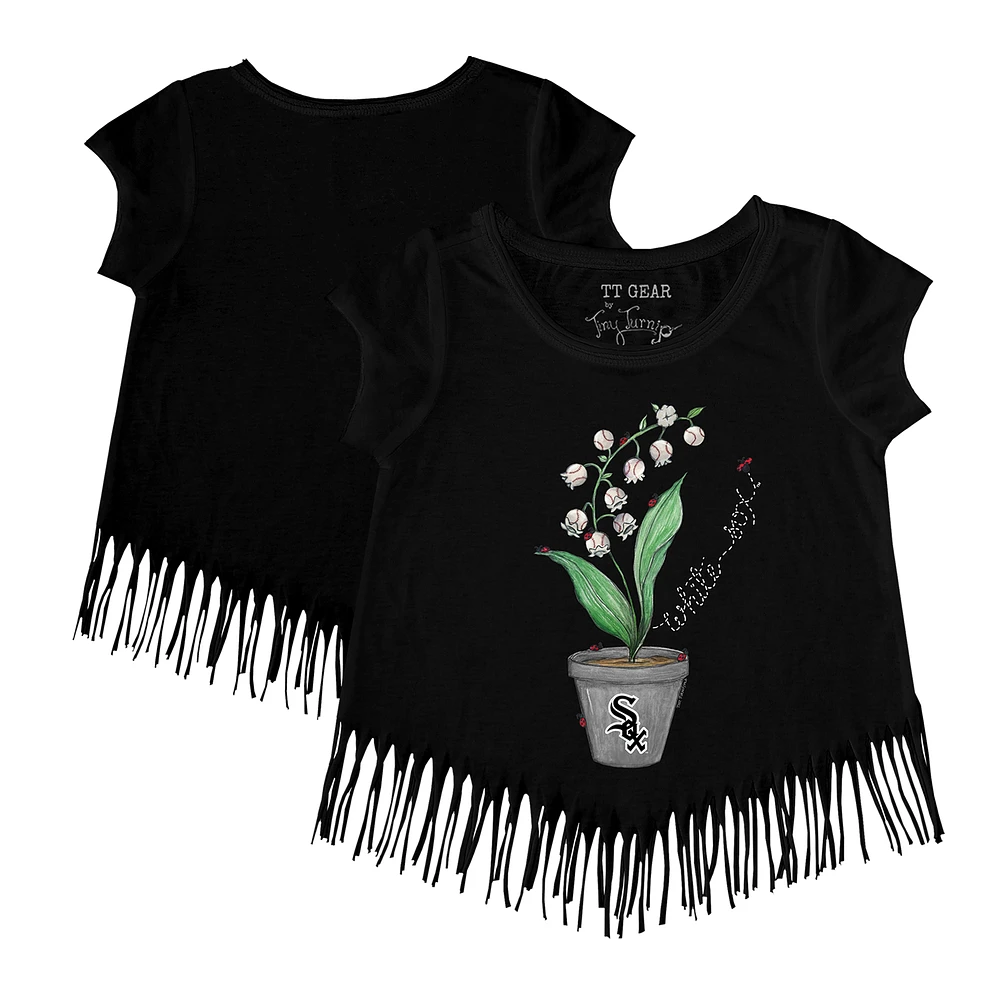 Girls Toddler Tiny Turnip Black Chicago White Sox Lilies & Ladybugs Fringe T-Shirt