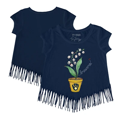 Girls Toddler Tiny Turnip Navy Milwaukee Brewers Lilies & Ladybugs Fringe T-Shirt