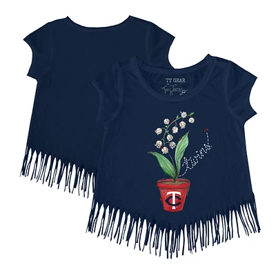 Girls Toddler Tiny Turnip Navy Minnesota Twins Lilies & Ladybugs Fringe T-Shirt