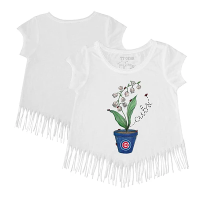 Girls Toddler Tiny Turnip White Chicago Cubs Lilies & Ladybugs Fringe T-Shirt