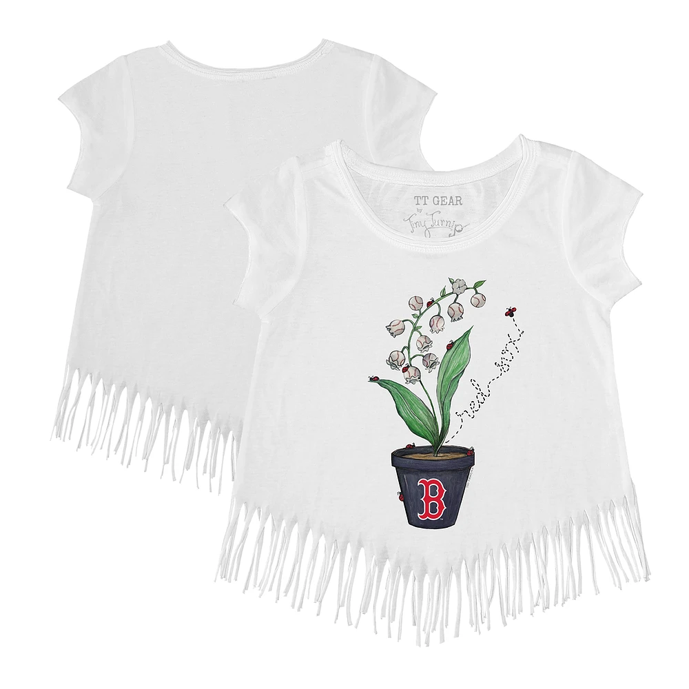 Girls Toddler Tiny Turnip White Boston Red Sox Lilies & Ladybugs Fringe T-Shirt