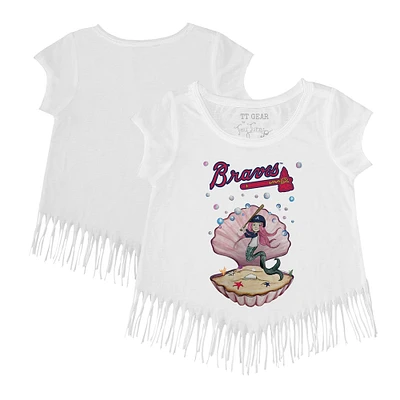 Girls Toddler Tiny Turnip White Atlanta Braves Mermaid Fringe T-Shirt