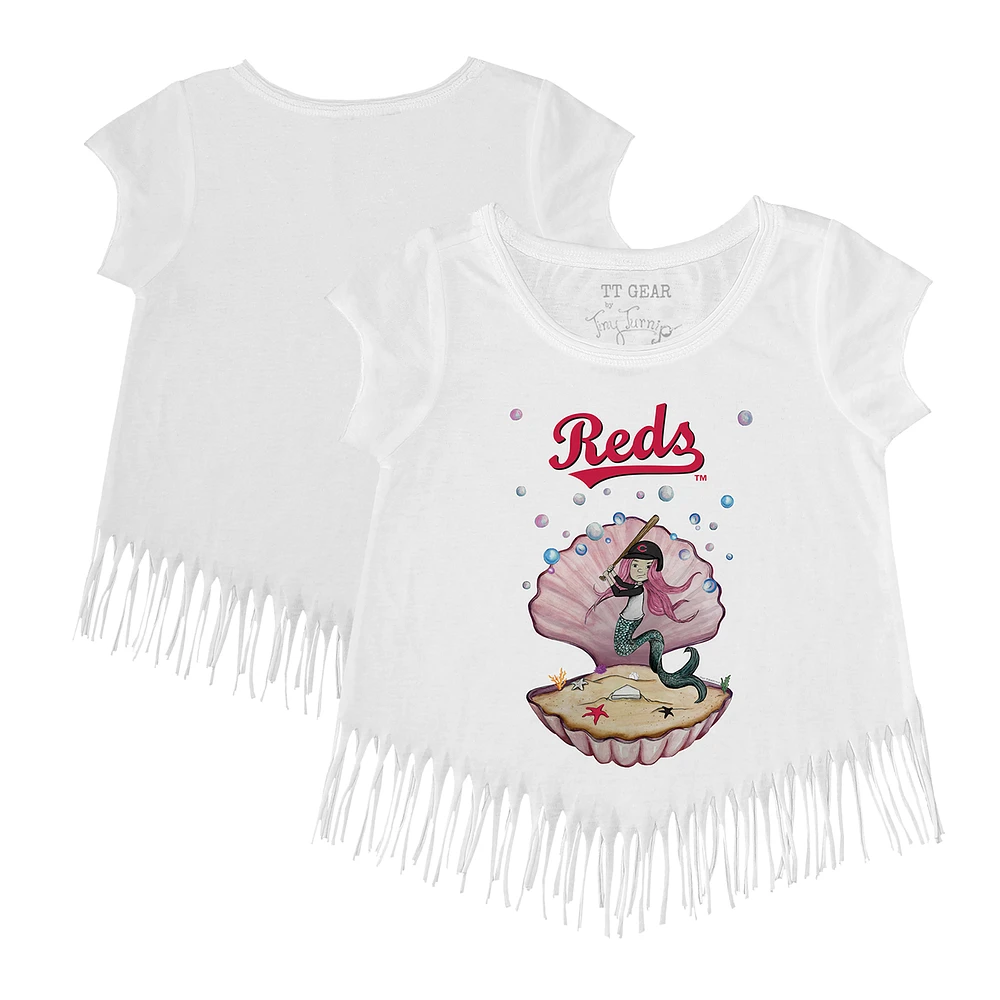 Girls Toddler Tiny Turnip White Cincinnati Reds Mermaid Fringe T-Shirt