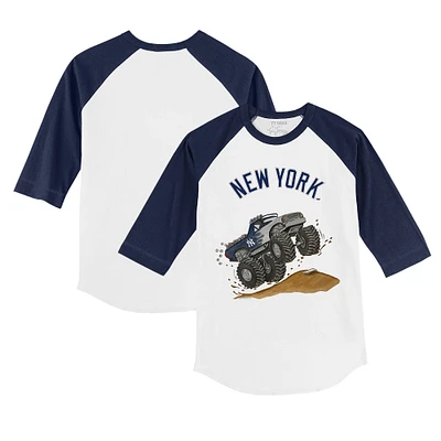 Toddler Tiny Turnip White/Navy New York Yankees Monster Truck 3/4-Sleeve Raglan T-Shirt