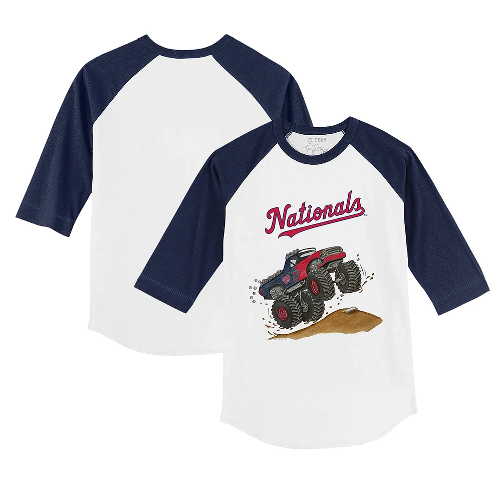 Toddler Tiny Turnip White/Navy Washington Nationals Monster Truck 3/4-Sleeve Raglan T-Shirt