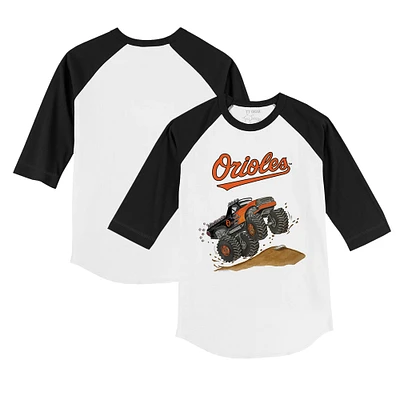 Toddler Tiny Turnip White/Black Baltimore Orioles Monster Truck 3/4-Sleeve Raglan T-Shirt