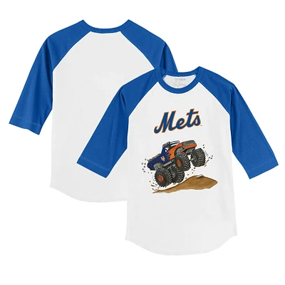 Toddler Tiny Turnip White/Royal New York Mets Monster Truck 3/4-Sleeve Raglan T-Shirt