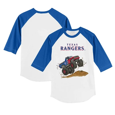 Toddler Tiny Turnip White/Royal Texas Rangers Monster Truck 3/4-Sleeve Raglan T-Shirt