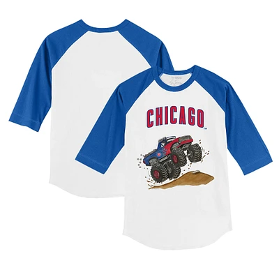 Toddler Tiny Turnip White/Royal Chicago Cubs Monster Truck 3/4-Sleeve Raglan T-Shirt