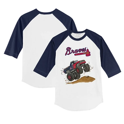 Toddler Tiny Turnip White/Navy Atlanta Braves Monster Truck 3/4-Sleeve Raglan T-Shirt