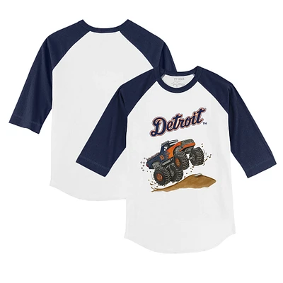 Toddler Tiny Turnip White/Navy Detroit Tigers Monster Truck 3/4-Sleeve Raglan T-Shirt