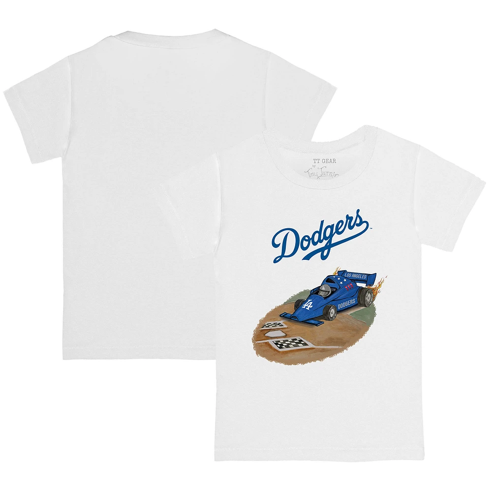 Toddler Tiny Turnip White Los Angeles Dodgers Race Car T-Shirt