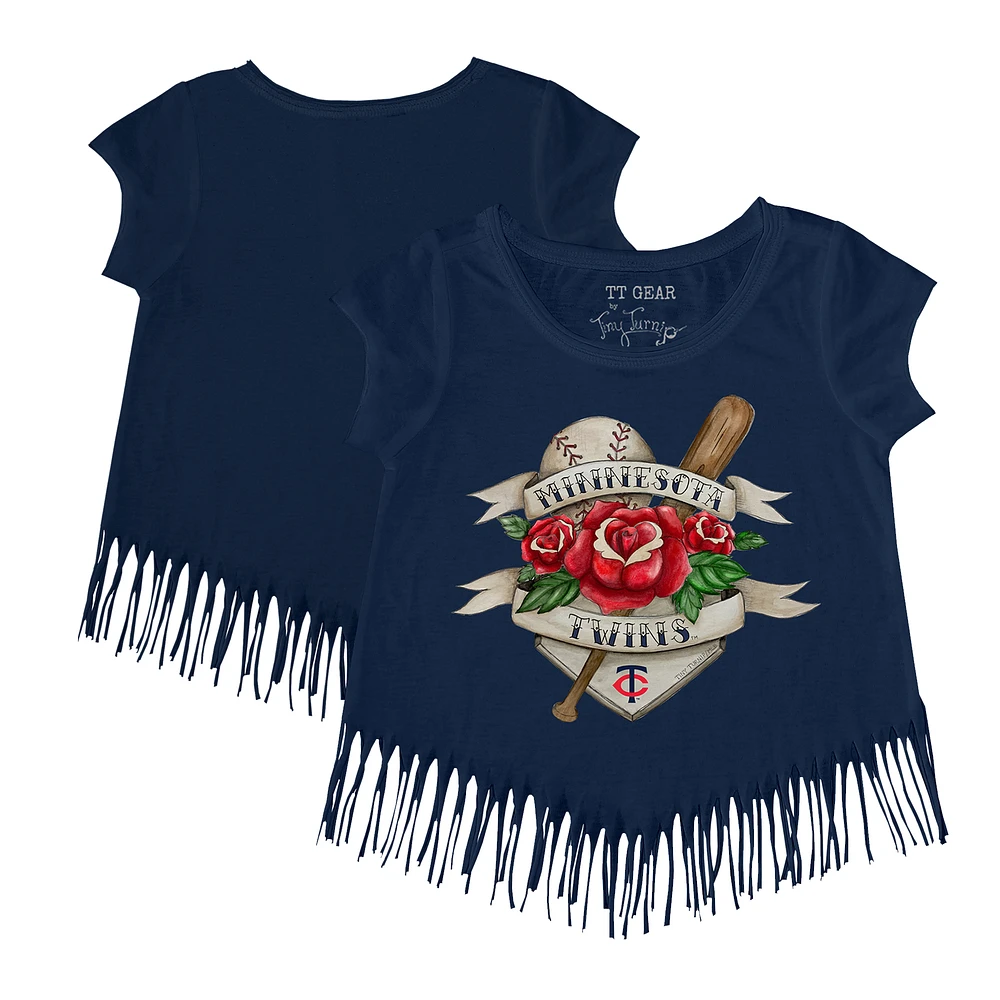 Girls Toddler Tiny Turnip Navy Minnesota Twins Tattoo Rose Fringe T-Shirt