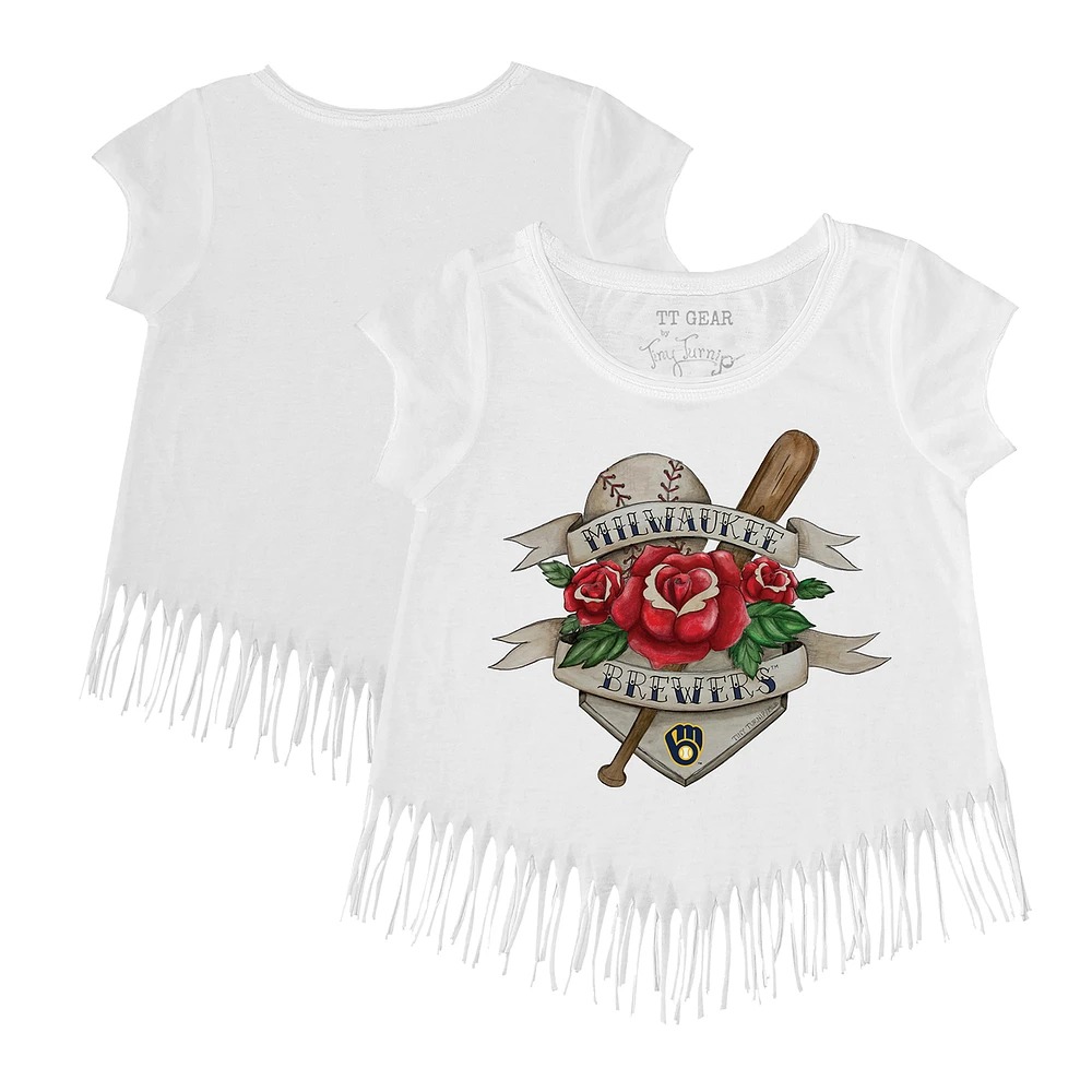 Girls Toddler Tiny Turnip White Milwaukee Brewers Tattoo Rose Fringe T-Shirt