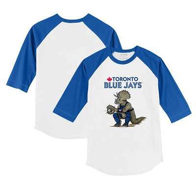 Toddler Tiny Turnip White/Royal Toronto Blue Jays Triceratops 3/4-Sleeve Raglan T-Shirt