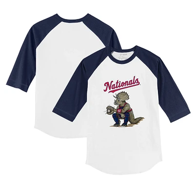 Toddler Tiny Turnip White/Navy Washington Nationals Triceratops 3/4-Sleeve Raglan T-Shirt