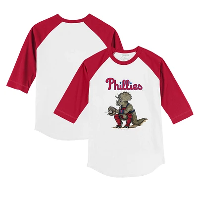 Toddler Tiny Turnip White/Red Philadelphia Phillies Triceratops 3/4-Sleeve Raglan T-Shirt