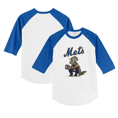 Toddler Tiny Turnip White/Royal New York Mets Triceratops 3/4-Sleeve Raglan T-Shirt