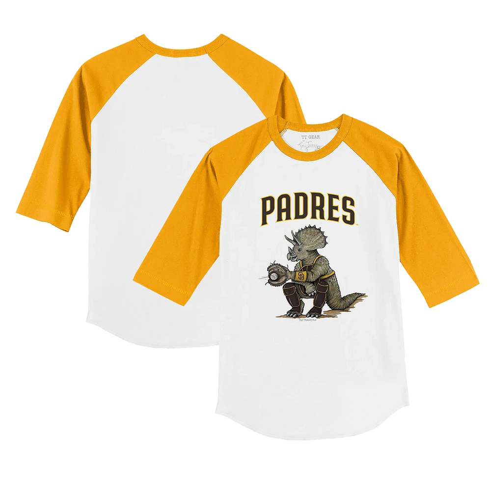 Toddler Tiny Turnip White/Gold San Diego Padres Triceratops 3/4-Sleeve Raglan T-Shirt