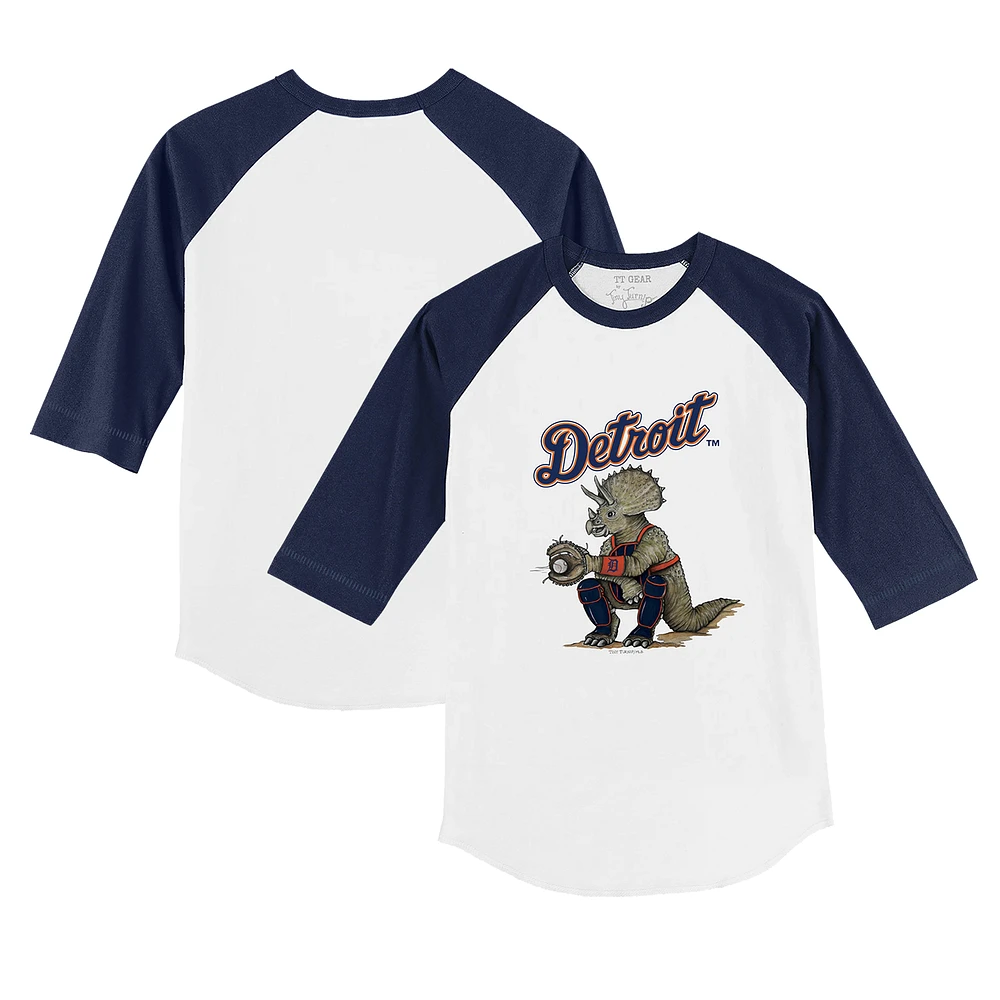 Toddler Tiny Turnip White/Navy Detroit Tigers Triceratops 3/4-Sleeve Raglan T-Shirt