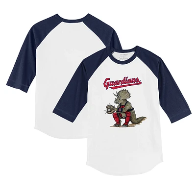 Toddler Tiny Turnip White/Navy Cleveland Guardians Triceratops 3/4-Sleeve Raglan T-Shirt