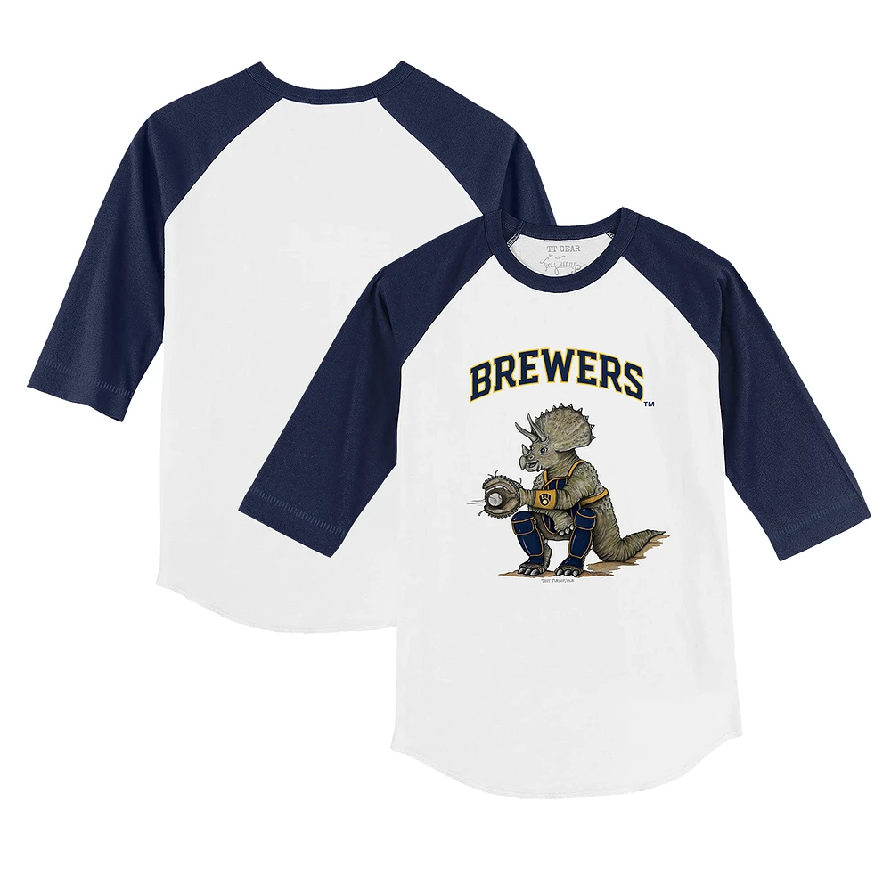 Toddler Tiny Turnip White/Navy Milwaukee Brewers Triceratops 3/4-Sleeve Raglan T-Shirt