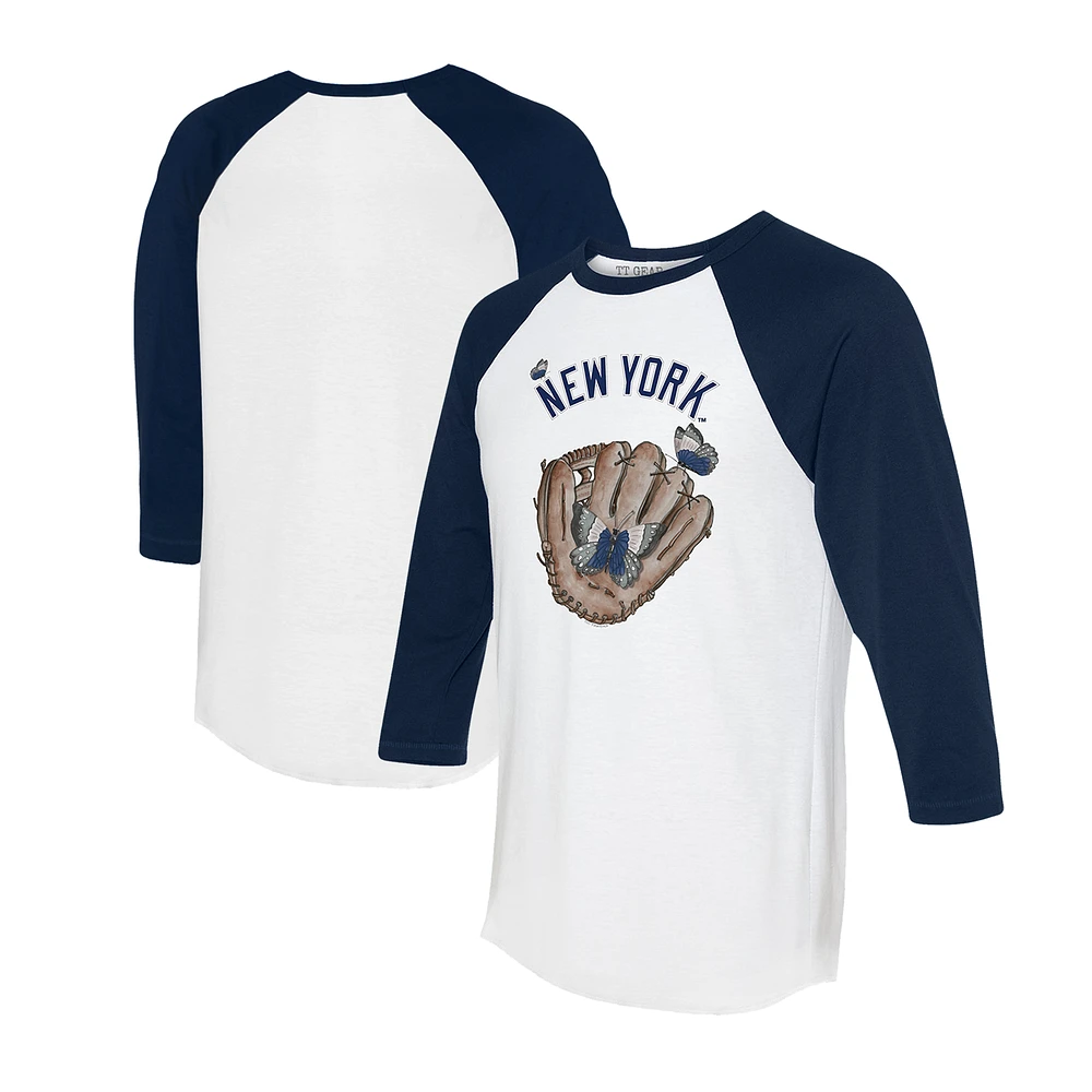 Unisex Tiny Turnip White/Navy New York Yankees Butterfly Glove 3/4-Sleeve Raglan T-Shirt