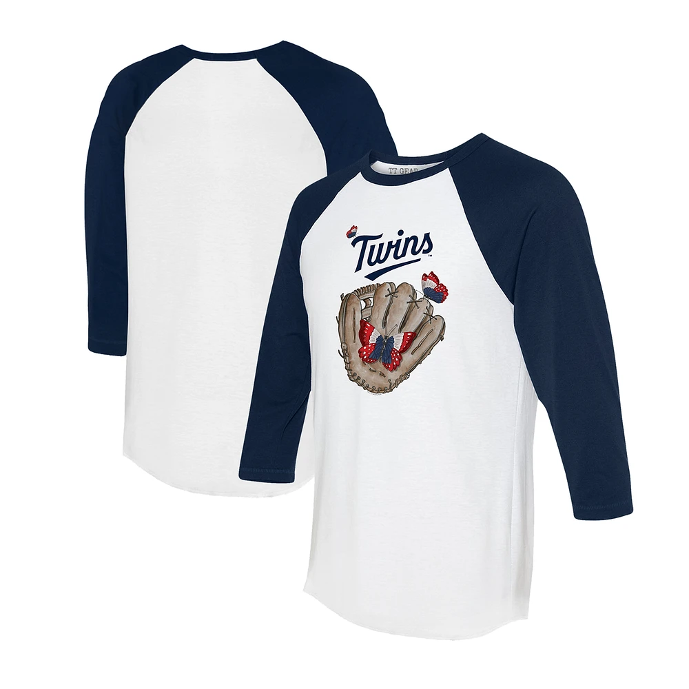 Unisex Tiny Turnip White/Navy Minnesota Twins Butterfly Glove 3/4-Sleeve Raglan T-Shirt
