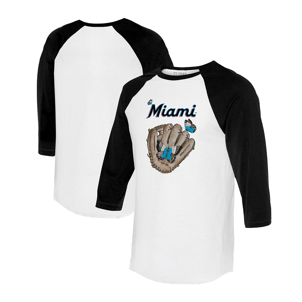 Unisex Tiny Turnip White/Black Miami Marlins Butterfly Glove 3/4-Sleeve Raglan T-Shirt