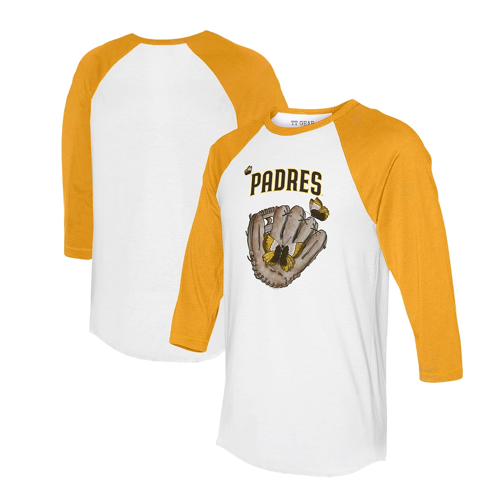 Unisex Tiny Turnip White/Gold San Diego Padres Butterfly Glove 3/4-Sleeve Raglan T-Shirt