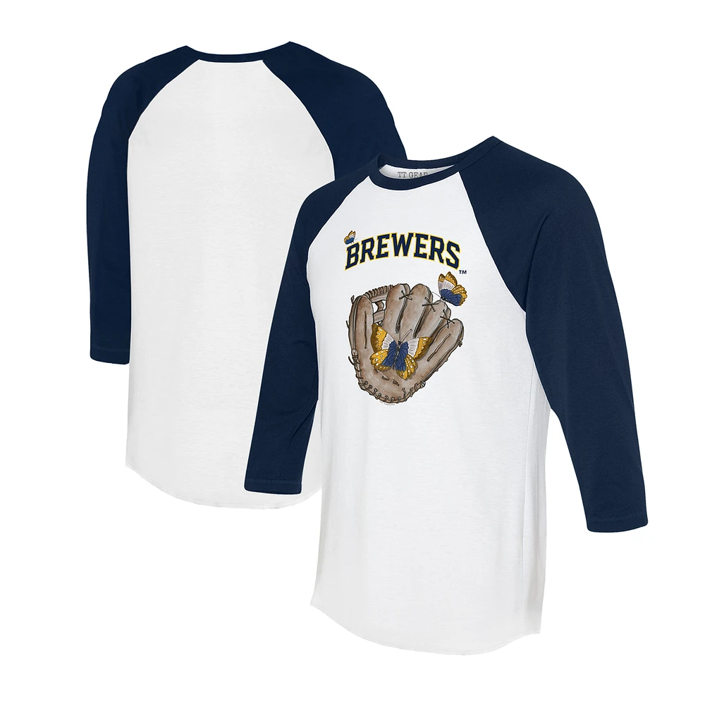 Unisex Tiny Turnip White/Navy Milwaukee Brewers Butterfly Glove 3/4-Sleeve Raglan T-Shirt