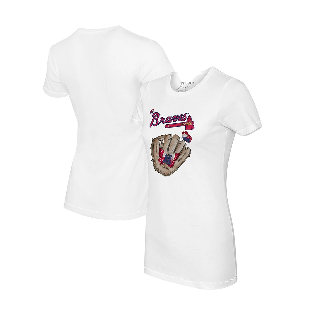 Women's Tiny Turnip White Atlanta Braves Butterfly Glove T-Shirt