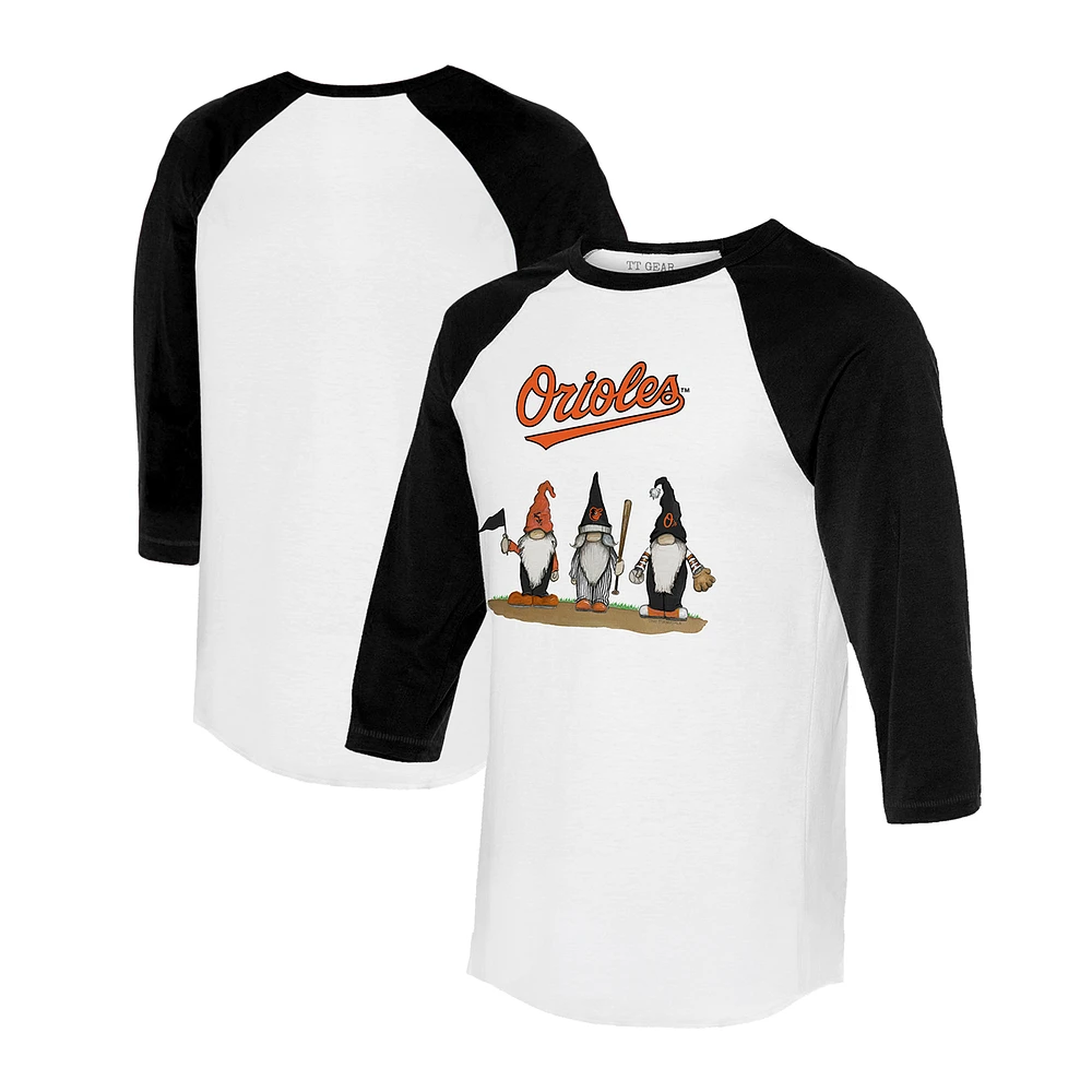 Unisex Tiny Turnip White/Black Baltimore Orioles Gnomes 3/4-Sleeve Raglan T-Shirt