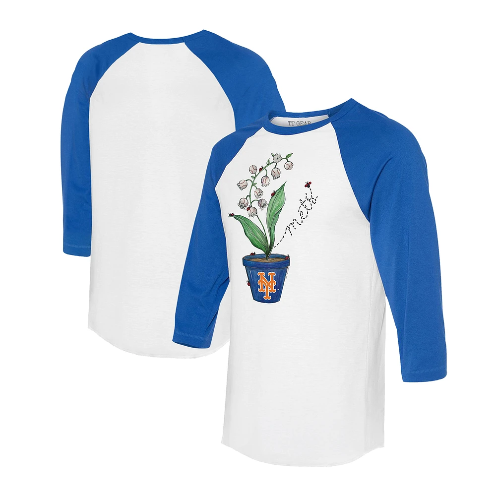 Unisex Tiny Turnip White/Royal New York Mets Lilies & Ladybugs 3/4-Sleeve Raglan T-Shirt