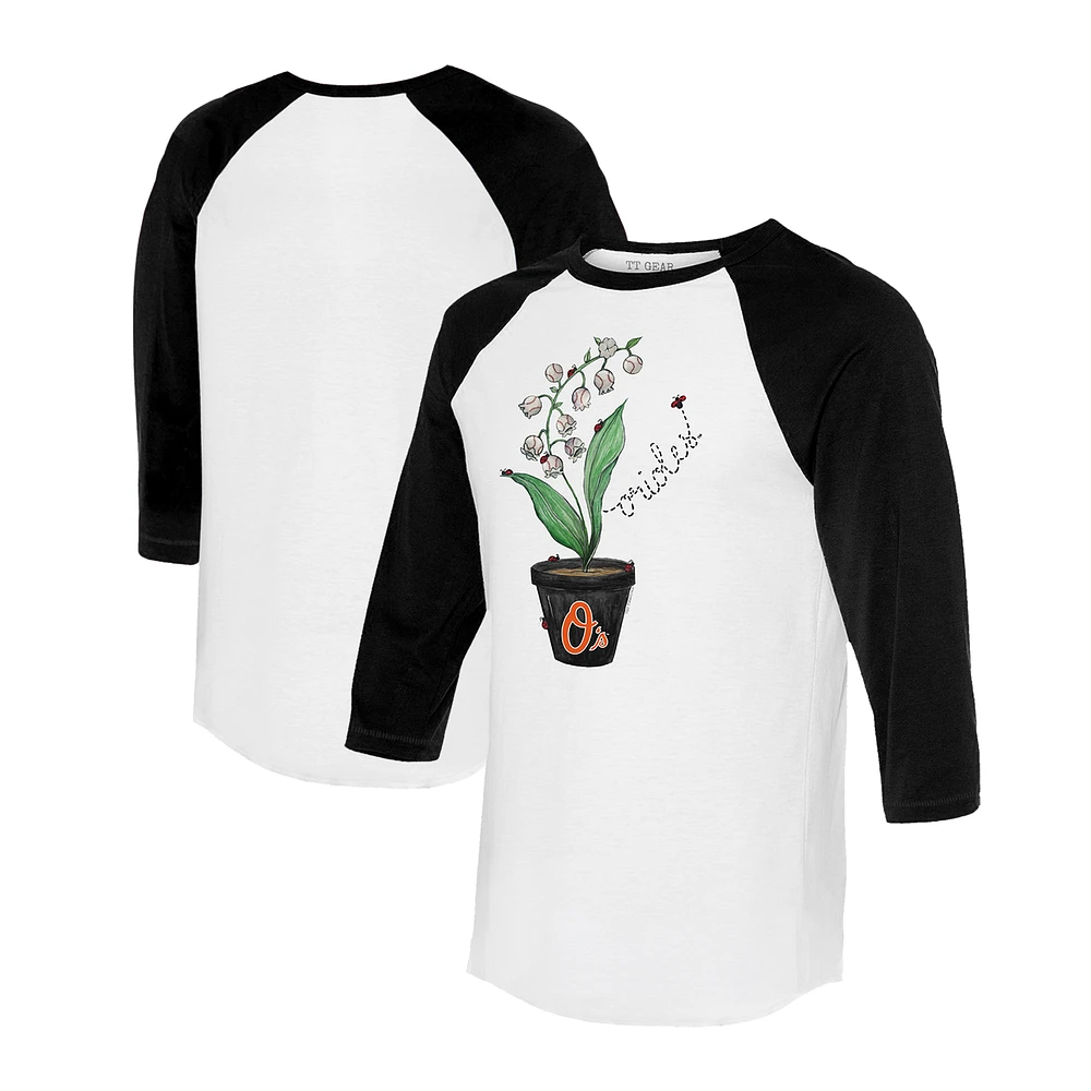 Unisex Tiny Turnip White/Black Baltimore Orioles Lilies & Ladybugs 3/4-Sleeve Raglan T-Shirt
