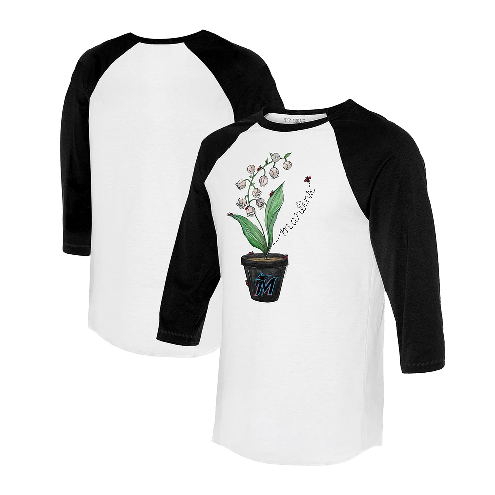 Unisex Tiny Turnip White/Black Miami Marlins Lilies & Ladybugs 3/4-Sleeve Raglan T-Shirt