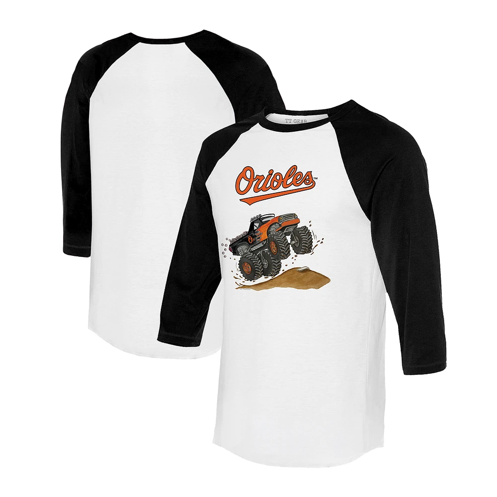 Unisex Tiny Turnip White/Black Baltimore Orioles Monster Truck 3/4-Sleeve Raglan T-Shirt