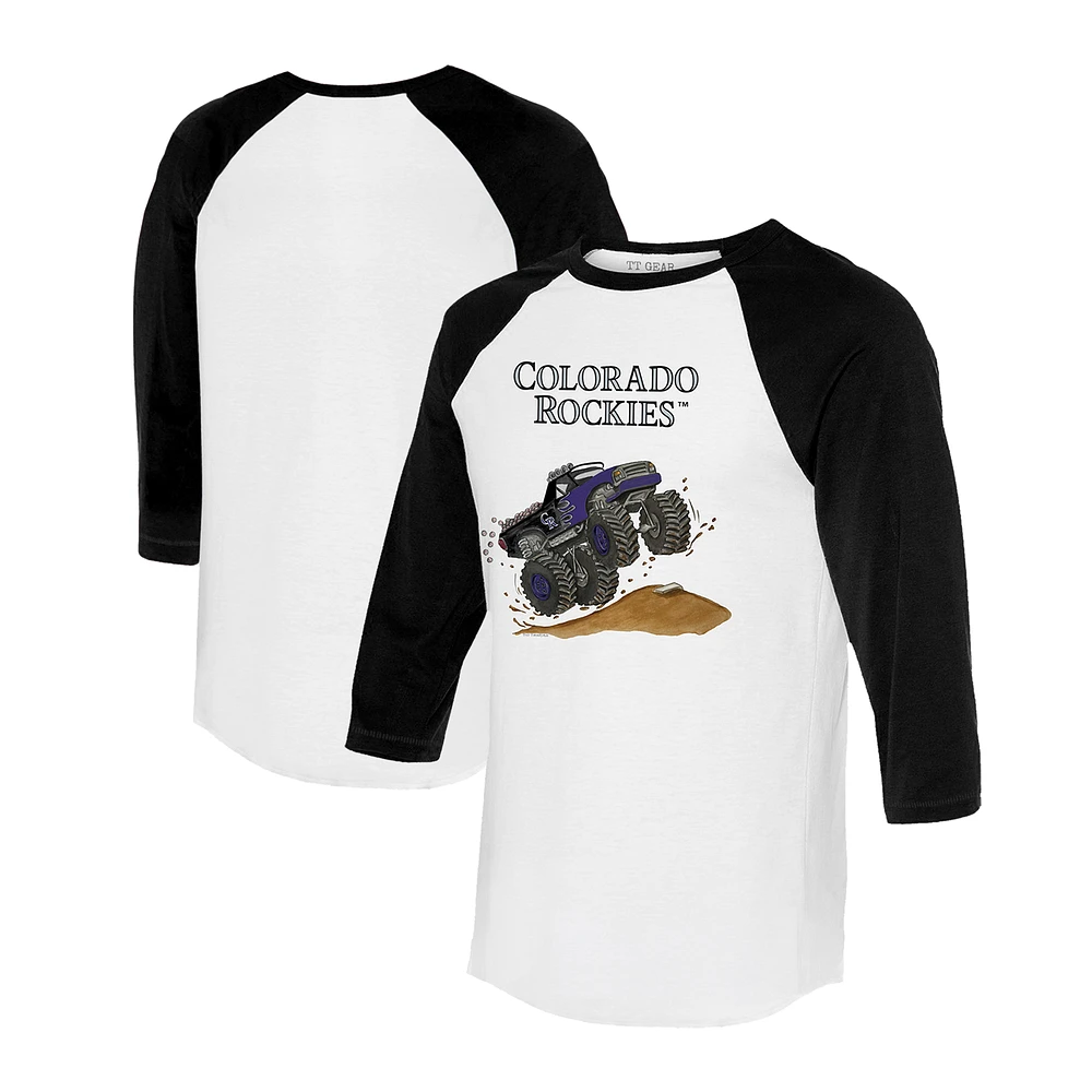 Unisex Tiny Turnip White/Black Colorado Rockies Monster Truck 3/4-Sleeve Raglan T-Shirt