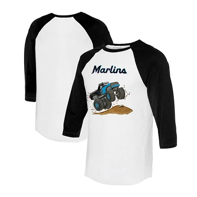 Unisex Tiny Turnip White/Black Miami Marlins Monster Truck 3/4-Sleeve Raglan T-Shirt